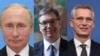 Predsednici Rusije i Srbije Vladimir Putin i Aleksandar Vučić i generalni sekretar NATO Jens Stoltenberg - combo photo.
