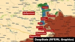 На мапі станом на кінець жовтня 2025 рокусинім і зеленим показані території, які російські військові намагалися захопити під час прориву на Добропілля