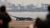 Oameni curioși contemplând la 3 ianuarie, o zi după accident, ce a mai rămas din avionul cuprins de flăcări pe aeroportul Haneda din Tokio (Foto: REUTERS/Issei Kato) 