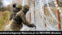 Vojnici postavljaju ogradu od žilet žice na granici Poljske sa ruskom eksklavom Kalinjingradom u blizini Bolcija, 3. novembra 2022. godine.
