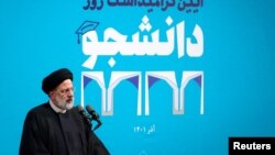 Iranian President Ebrahim Raisi speaks during a ceremony marking Student Day at Tehran University on December 7.
