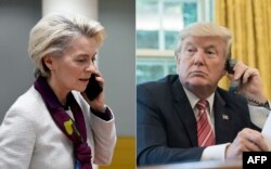 Президент Еврокомиссии Урсула фон дер Ляйен и президент США Дональд Трамп. Комбинация архивных фото, созданная 7 июля 2025 года