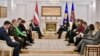 Pamje nga takimi mes presidentes së Kosovës, Vjosa Osmani me presidentin e Letonisë, Edgars Rinkevics në Presidencën e Kosovës.