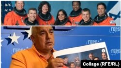 Колаж. Горе: официална снимка на екипажа на совалката „Колумбия“ в мисията STS 107 на НАСА. Седемте членове на екипажа загинаха. Долу: бившият премиер Бойко Борисов показва в сряда колаж, в който лицата на космонавтите са заменени с лица на опоненти на ГЕРБ.