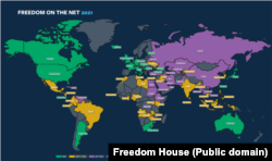 Harta țărilor în funcție de nivelul de libertate la internet: Freedom House cataloghează țările drept: libere, parțial libere sau deloc libere.