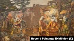 "Товарене на щайги домати в камион по залез слънце в село Койнаре“, масло. 1953 г. Дипломна работа на Славка Денева, която не е приета от изпитната комисия.