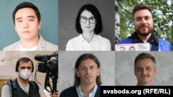 A Szabad Európa belarusz szerkesztőségének őrizetbe vett újságírói (bal fentről): Makszim Laureckij, Julija Kotszkaja, Andrej Sauluha, Andrej Rabcsik, Ihar Karnej és Aleh Hruzdzilovics.