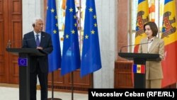 Președintele Consiliului European, Antonio Costa și președinta R. Moldova, Maia Sandu, la o conferință comună pe 3 martie, la Chișinău.