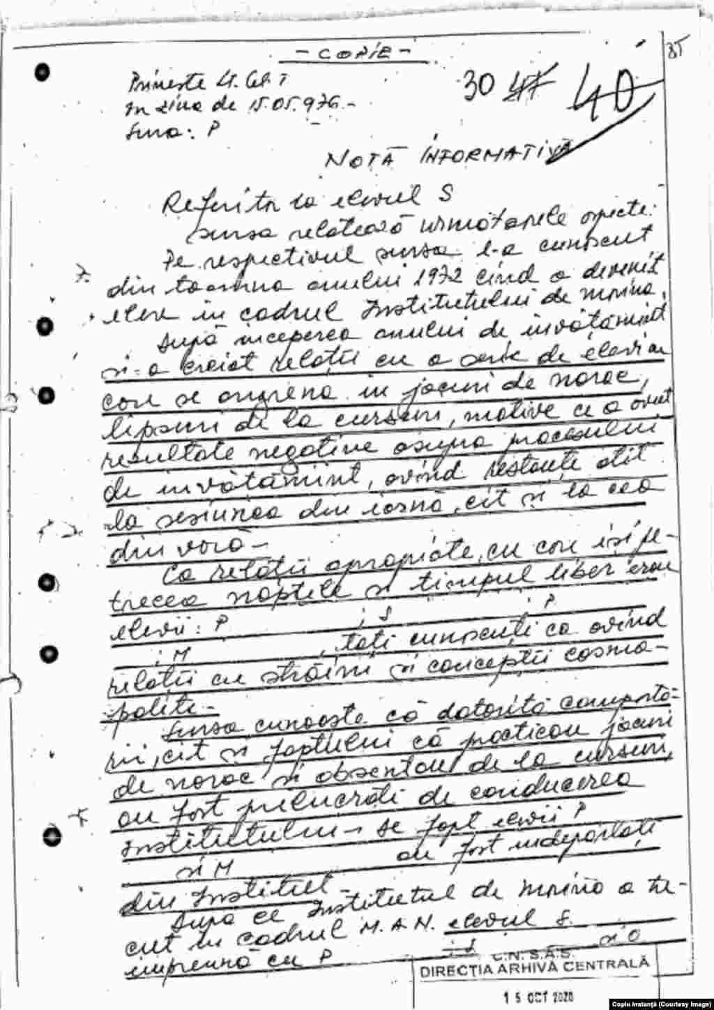 Notă informativă din 1976 atribuită lui Petrov. 