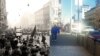 Collage of a street in Budapest in 1956 and 2021.