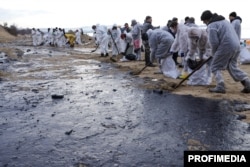 Voluntarii curăță păcura de pe o plajă din apropierea stațiunii Anapa, 25 decembrie.