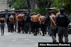 Полицейские ведут задержанных в ходе рейда