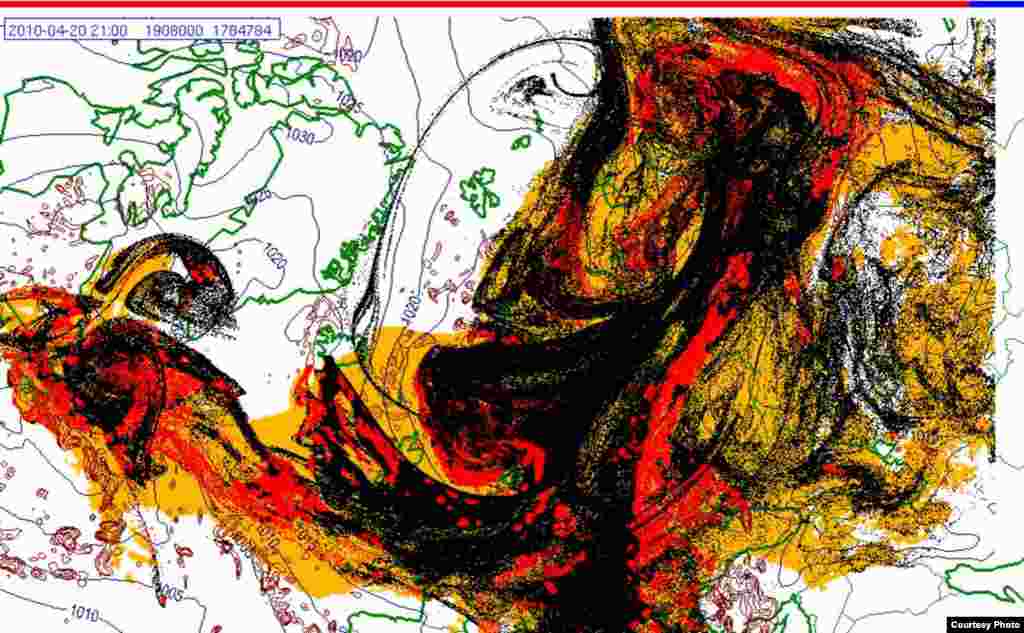 Проектирано движење на исландскиот облак од пепел (20.4. 2100 UTC) - Овие слики покажуваат проекција на движењето на облаците пепел од вулканска ерупција на Исланд низ Европа. Боите на сајтот претставуваат: жолто: пепел што ќе падне сам по себе црвено: пепел што ќе падне од врнежи црна: вистинскиот облак со пепел облак Извор: Норвешки Метеоролошки Институт