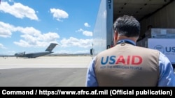 Uposlenik USAID-a gleda avion USAF C-17, koji se priprema za isporuku respiratora u Rusiju 