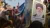 The Israel-Iran conflict, the burning of the U.S. flag, and a portrait of Ayatollah Ali Khamenei, cover, collage for the Azattyq article