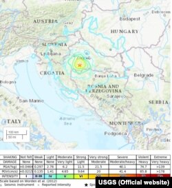 USGS mapa epicentra zemljotresa i linije prema kojoj se osjetio
