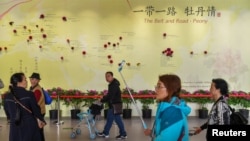 Vizitatorii trec pe lângă un zid cu o hartă care arată speciile de bujor din țările Inițiativei „Belt and Road", la o expoziție horticolă din 2019 din Beijing.