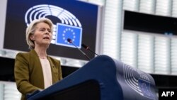 Председателката на ЕК Урсула фон дер Лайен по време на годишната ѝ реч за състоянието на съюза, 10 септември 2025 г.