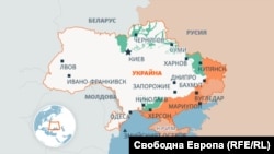 Карта на Украйна. В светло оранжево са украинските територии, които Русия окупира преди 2022 г. В тъмно оранжево са територии, окупирани от Русия след 2022 г. В зелено са териториите, които Украйна си върна, след като бяха временно окупирани от Русия