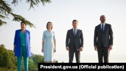 Salome Zurabișvili, președinta Georgiei, Maia Sandu, președinta R. Moldova, Volodimir Zelenski, președintele Ucrainei, și Charles Michel, președintele Consiliului European 