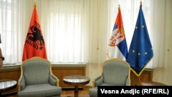 Serbia -- flags (flag) of Serbia, Albania and European Union, Belgrade 24May2016