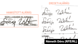 Az írásszakértő az eljárás során megállapította, hogy a bal oldali aláírás nem Szögi Zoltáné. A háztulajdonos eredeti kézjegye a jobb oldalon látható