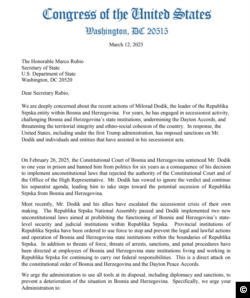 Senatori i kongresmeni pisali američkom državnom sekretaru Marcu Rubiu: Proširiti sankcije i hitno reagovati protiv Dodika.