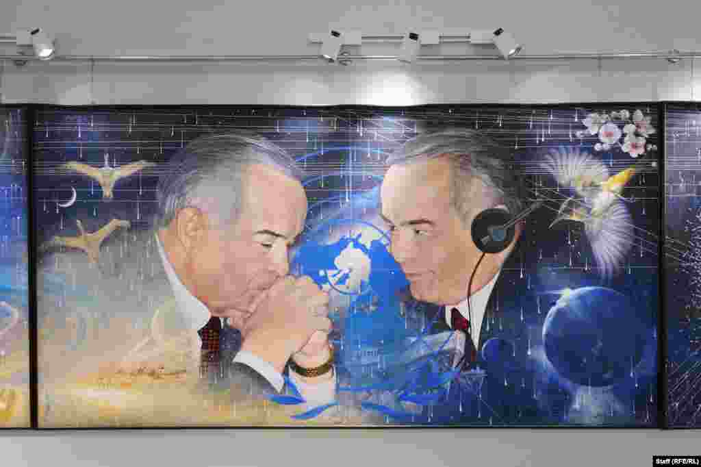 Сцена от бедствието в Аралското море (долу вляво) е вплетена в мащабна картина, изобразяваща среща в ООН.