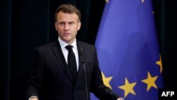 Емануел Макрон на прес-конференција во Тирана, 17 мај 2025