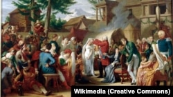 Жан-Шарль Тардье. Людовик XVIII увенчивает деву розовым венком в Митаве. 1813. По преданию, девушка сказала королю: "Сир, да вознаградит вас Бог!" и предсказала, что он вернет себе корону предков