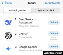 În competiția cu ChatGPT, DeepSeek a depășit numărul de descărcări. Pe locul al treilea se află Gemini, AI-ul Google.