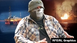 Боец с позывным «Очерет» из 2-го отряда специальных действий «Корд» им. Владислава Пелешенко в составе «Спецподразделения Тимура» ГУР МО Украины на фоне газодобывающих платформ в Черном море. Коллаж