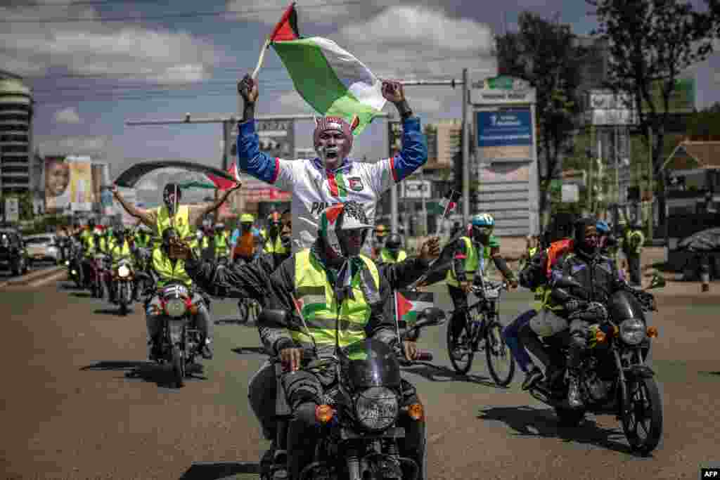Motoçiklistët brohorasin slogane dhe valëvitin flamuj palestinezë gjatë “Vozitjes së Solidaritetit me Gazën”, një tubim i motoçiklistëve dhe aktivistëve në mbështetje të palestinezëve, në Nairobi, Kenia, më 24 gusht 2025.