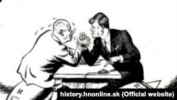 Caricatură cu Nikita Hrușciov și JF Kennedy din vremea crizei rachetelor din Cuba - momentul când omenirea s-a aflat în pragul unei confruntări nucleare.