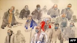 Скица од судењето за нападот на Шарли Ебдо во 2015, 16 декември, Париз. 