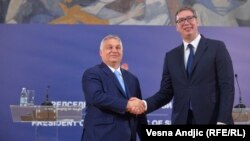 Kryeministri i Hungarisë, Viktor Orban dhe presidenti i Serbisë, Aleksandar Vuçiq. Beograd, 8 korrik 2021. 