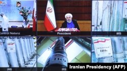 Fotografija sa video konferencije u kojoj su prikazane centrifuge i uređaji delivers nuklearnog postrojenja tokom govora predsednika Irana Hasana Rohanija, 10. april 2021. 