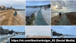 Сетки на побережье Феодосии для вылова мазута из российских танкеров, потерпевших крушение в Керченском проливе 15 декабря 2024 года, 12 января 2025 года