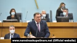 Milorad Dodik speaks at a special session of the National Assembly of the Republika Srpska in Banja Luka on March 10.