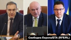 Борислав Гуцанов от БСП, служебният премиер Димитър Главчев и Даниел Митов от ГЕРБ (от ляво надясно).