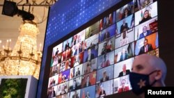 Световните лидери по време на виртуалната им среща на върха, посветена на климата, 23 април 2021 г. Снимката е направена в Източната стая на Белия дом.