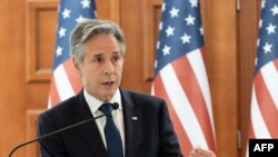 Secretarul de stat al SUA, Antony Blinken, în timpul unei conferințe de presă comune cu președinta Republicii Moldova, Maia Sandu, la Palatul Prezidențial din Chișinău, 29 mai 2024.