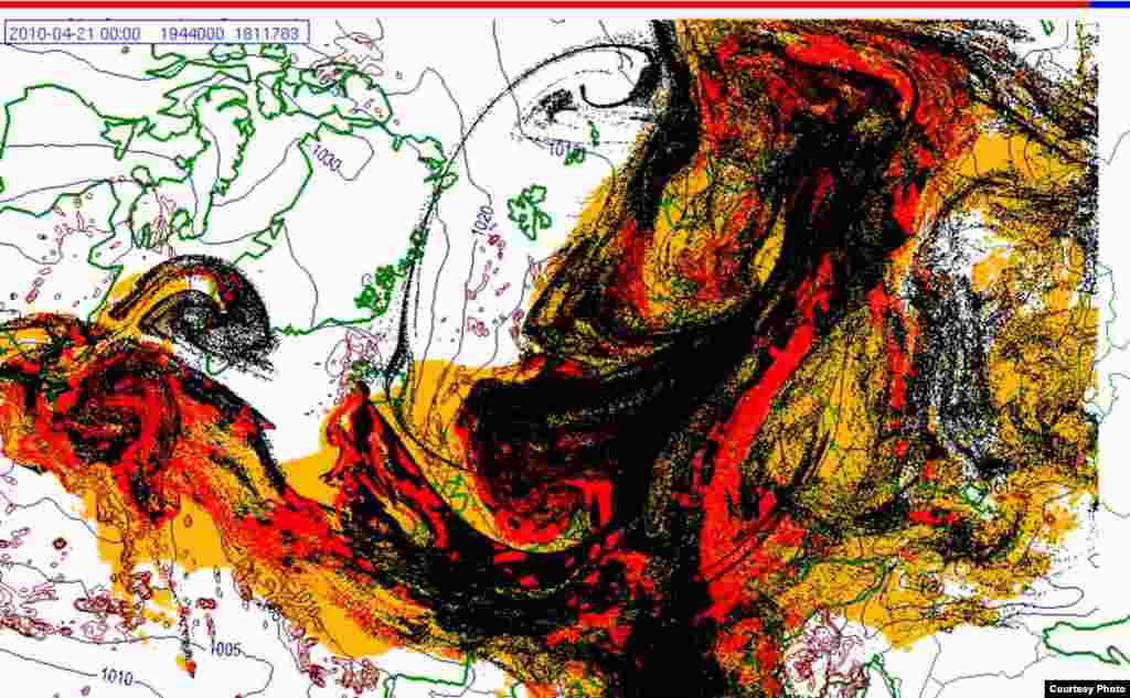 Проектирано движење на исландскиот облак од пепел (21.4. 0000 UTC) - Овие слики покажуваат проекција на движењето на облаците пепел од вулканска ерупција на Исланд низ Европа. Боите на сајтот претставуваат: жолто: пепел што ќе падне сам по себе црвено: пепел што ќе падне од врнежи црна: вистинскиот облак со пепел облак Извор: Норвешки Метеоролошки Институт