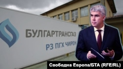 Владимир Малинов. На фона е сграда на газохранилището "Чирен". Колаж
