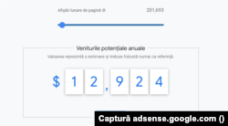 Calcul făcut pe platforma adsense, despre câștigurile potențiale din reclamă.