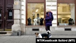 G. Heller Zsuzsa keramikus rendezi be alkotásaival a kirakatot az adventi iparművészeti kirakatvásáron a Bartók Béla úton, 2020. december 12-én (képünk illusztráció)