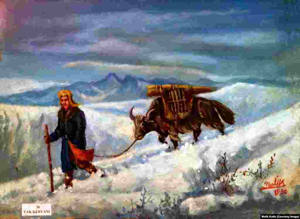 На этой картине Малика Кутлы изображен кочевник, ведущий по горной тропе своего яка. По приблизительным подсчетам, тысяча кыргызов остается в регионе Памир. Условия их жизни значительно ухудшились во время режима талибов и иностранного вторжения. Там нет ни школ, ни больниц, афганские чиновники не приезжают к ним, чтобы узнать, как они живут. 