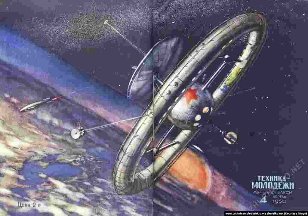 Svemirska stanica na naslovnici magazina iz 1950. godine, 48 godina prije lansiranja Međunarodne svemirske stanice.