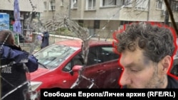 Колаж със снимка на нападнатия Борислав Сапунджиев на фона на счупената витрина на фризьорския му салон