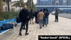 The pilots and other Afghans at the airport in the Tajik capital, Dushanbe, waiting for their flight organized by the U.S. government on November 10.